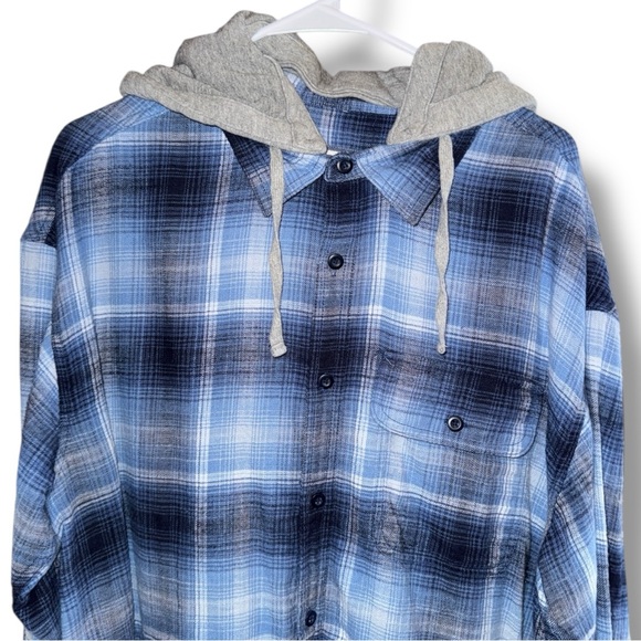 American Eagle Super Soft Flannel Shirt Hoodie Blue Plaid Removable Hood XL - Picture 4 of 16